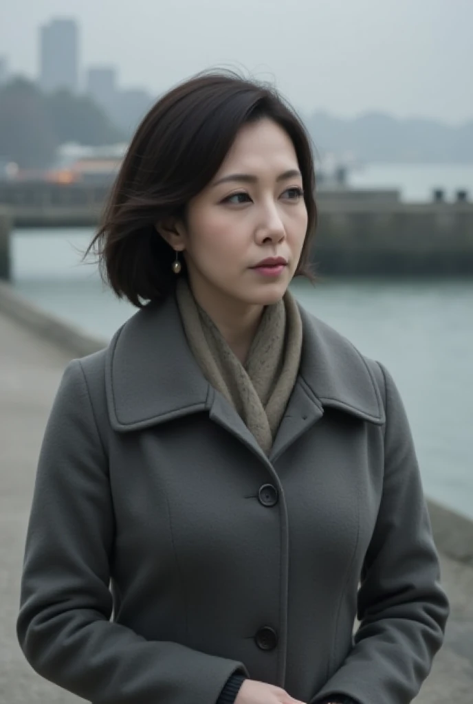 A Japanese woman, 42 years old, exuding upper-class sophistication and youthful elegance. She stands at a winter harbor, gazing out over the distant sea with a somber and anxious expression, reflecting her deep worry about whether her husband will return s...