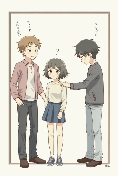 In a frame, there are three individuals: one girl and two boys. One boy and the girl are standing side by side, while the other boy is reaching out to touch the girl but with an expression of hesitation.

