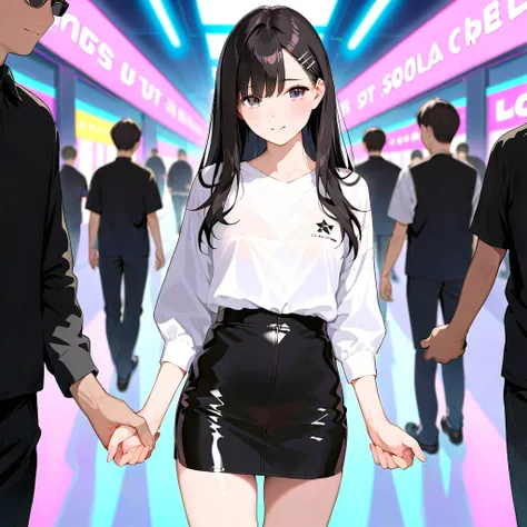 (masterpiece,best quality:1.4),(highres,perfect anatomy:1.2),(photorealistic:1.3), korean young adult, in crowded nightclub, slim figure, long hair, neon lights, blurred background, white shirts, black hair, natural body line, black skirt, full shot, ((a m...