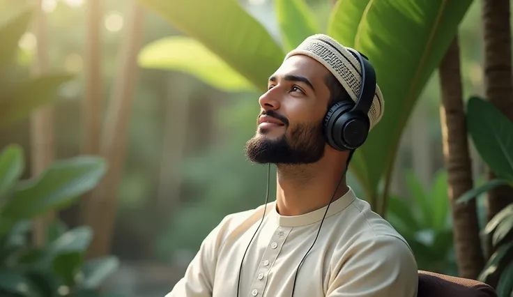 Please make me a young male muslim is listening to side looking rilexing headphones