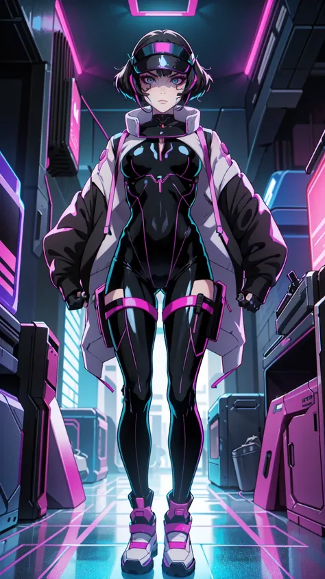 Create an illustration of Sasha from Cyberpunk: Edgerunners. She is a young netrunner with a slender and agile physique, reflecting her hacker lifestyle. Her hair is short, (black hair), messy, and brightly colored, often with neon highlights like electric...