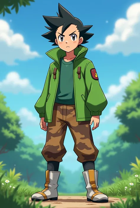 Create a Pokémon trainer with slightly spiky black hair with brown camouflaged pants and a green coat in anime/ cartoon 