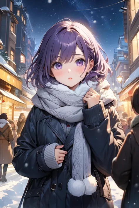  女の子1people,masterpiece, (8k,   top quality , masterpiece:1.2),  very detailed,  super detailed , master class,  top quality , illustration,Purple hair_ between_eye,  perfect lighting ,, I look up at the night sky,Winter clothing,  Fluffy Scarves,  White B...