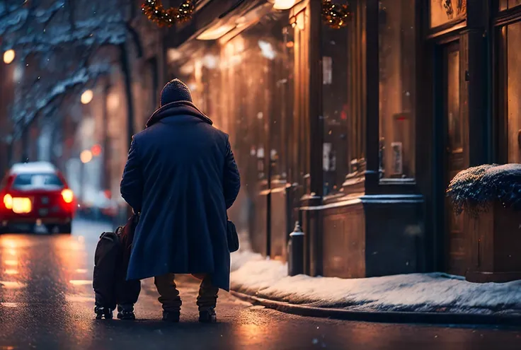 A man alone at Christmas without sad love in the street 