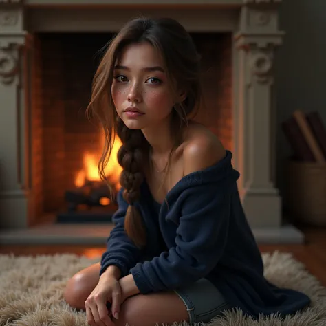 Woman with freckles and braided brown hair, kneeling on rug, bending over, navy blue off-shoulder cardigan, looking at camera, fireplace