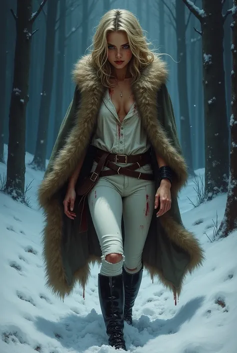 Night time, dark, gloomy, dim light, bare hands. An oil painting with rich, realistic lighting and dramatic shadows depict a woman trudging through the deep snow wearing a fur cloak, her clothes stained in blood. Her shoulders are hunched. She is a strikin...