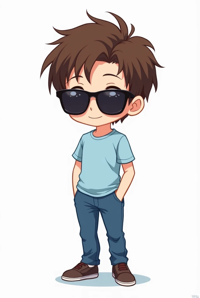  masterpiece,  anime style , chibi logo, illustrated, with light blue short sleeve shirt, a pair of blue pants, Brown hair, sunglasses,  male ,  with white background