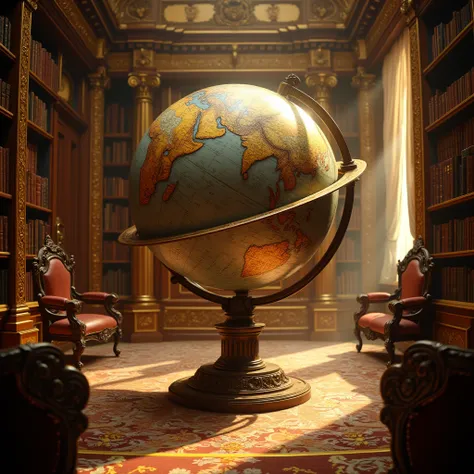 A majestic and cinematic globe in a luxurious classical room, surrounded by intricate wood-carved furniture and tall bookshelves filled with antique books. The room is illuminated by soft golden lighting, emphasizing a high-end, elegant atmosphere. The glo...