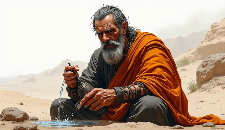 Black and white,orange accents, 2d spidol drawing, with orange accent, ancient roman era, close up of an old merchant holding a small water flask made of skin, pouring the water in the desert 