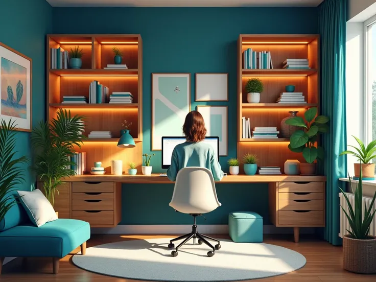 Illustrate a cozy and modern home office for designers, using warm lighting, teal accents, and creative tools like markers, notebooks, and a laptop.