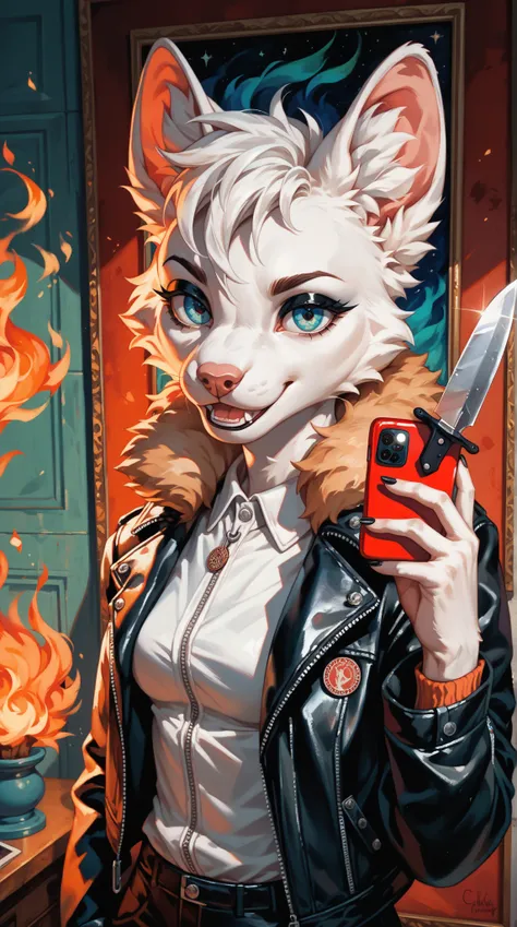  A detailed and intricate painting ， shows a kitten with straight hair and two straight hair，White fur， Jacket Over Shoulder ， Everyday Fit Leather Jacket ，Black eyeshadow， Coloring Knife ，Strangely ， Psychically ，Selfie， Fire Station ，Surreal，charming， Le...