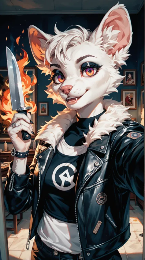  A detailed and intricate painting ， shows a kitten with straight hair and two straight hair，White fur， Jacket Over Shoulder ， Everyday Fit Leather Jacket ，Black eyeshadow， Coloring Knife ，Strangely ， Psychically ，Selfie， Fire Station ，Surreal，charming， Le...