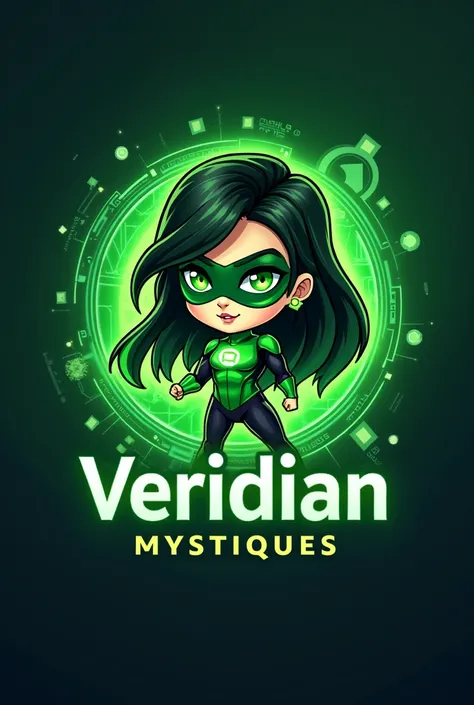 Labeled Logo Viridian Mystiques. For Virtual games. Technological.This logo must be inspired from green lantern female version chibi art must put label or name on the picture "Veridian Mystiques