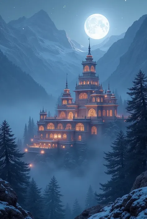 A grand palace nestled in the foothills of the Himalayas, surrounded by misty mountains. The palace glows under a pale moonlight, symbolizing the peaceful reign of King Vikram.