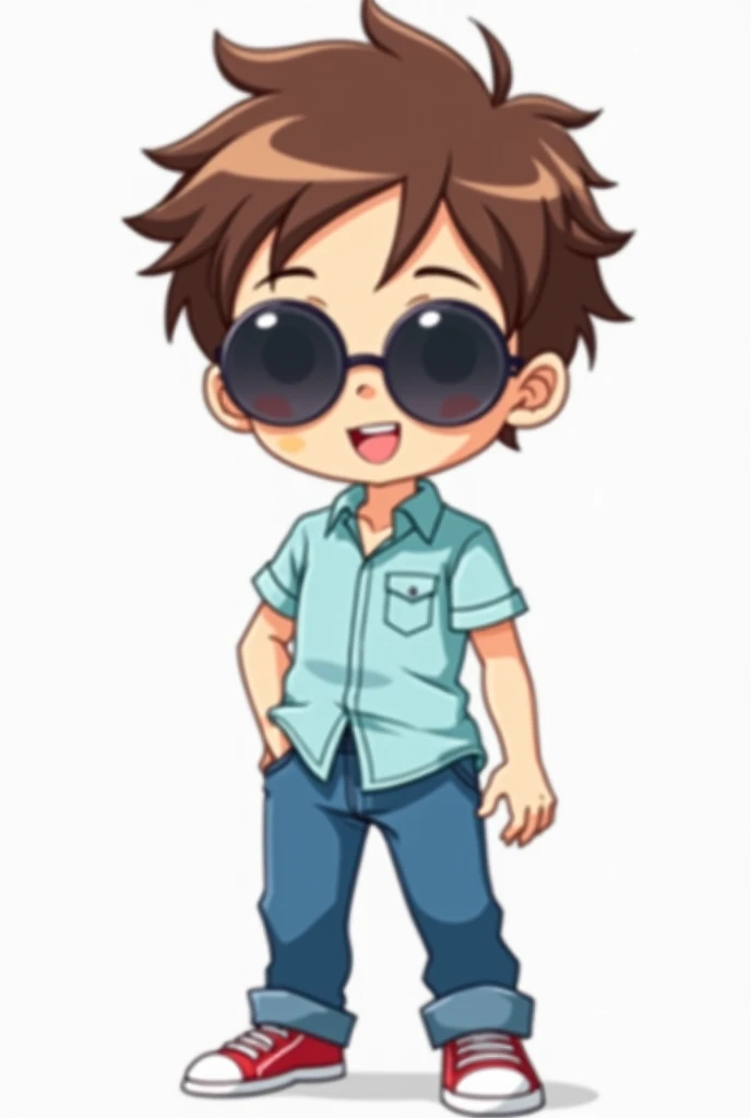  masterpiece,  anime style , chibi logo, illustrated, with light blue short sleeve shirt, a pair of blue pants, Brown hair, sunglasses,  male ,  with white background,  medium short flat 