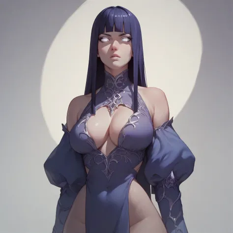 A girl with a a dark blue hime cut hairstyle, white eyes, large breasts, slender and curvaceous body, wearing a purple midi dress