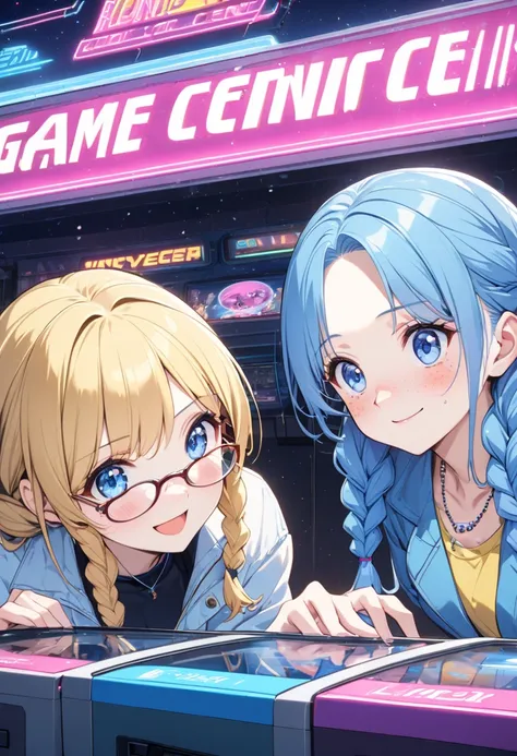 Shown side by side, (2 girls are beautiful and charming body style), ((Each girl has a unique appearance)). BREAK. (a First girl is ultra cute, cute smile, vivid blue hair, forehead long hair, cute blue eyes, small tits), in a casual blue Jacket, denim jea...