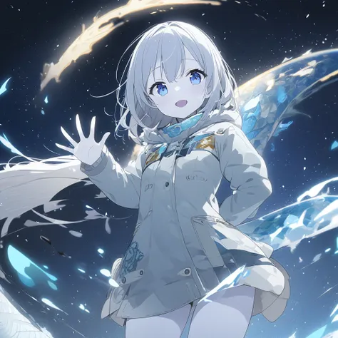 winter、 One girl ,  blue eyes,  gray hair、 shortcuts、 white skin、 miniskirt、Im riding a dragon、 White Breath、Star、Night Sky、Waving hand gesture、 widescreen,  cowboy shot,  simple background, 