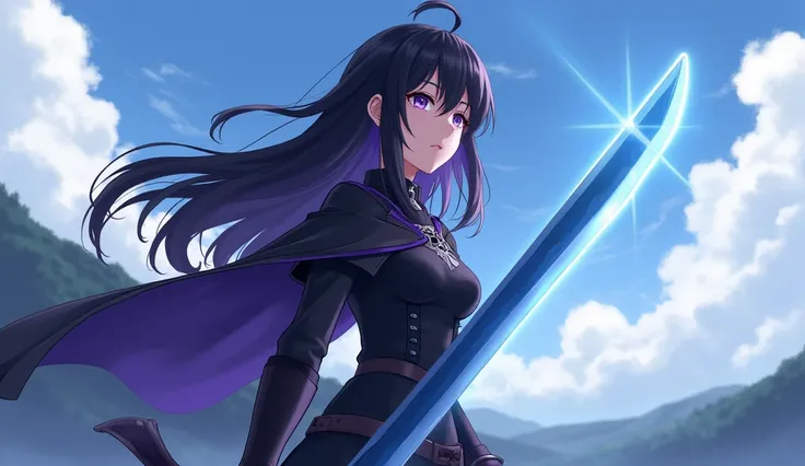 Young girl,  long black and purple hair,  hard shadows, purple eyes,  battle clothing covering the arms color black, colored anime, breasts,  Lighting, sky blue sword of rays , background of sky and mountains ,