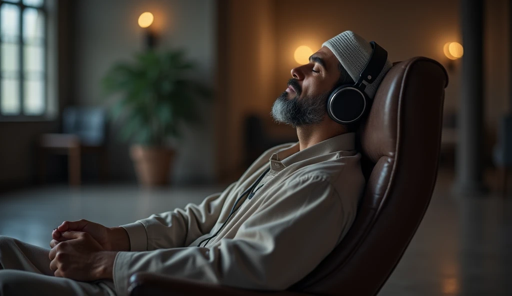 Please make me a Muslim male listening to headphones with his eyes closed sideways.