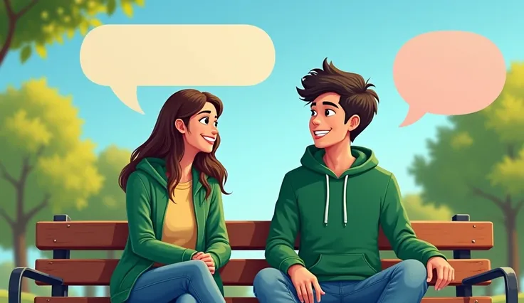 
Create a YouTube thumbnail for an "English Speaking and Listening Practice" video. The thumbnail should show two young adults (a male and a female) sitting on a park bench, engaging in a friendly conversation. The girl is on the left, smiling, and the boy...