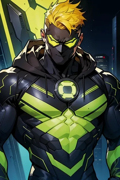 Superhero, athletic adult male, wearing a black technological fabric suit with textured panels and neon yellow light lines running through the body, highlighting his musculature. The hood covers part of his face, and a black mask with an angular design cov...