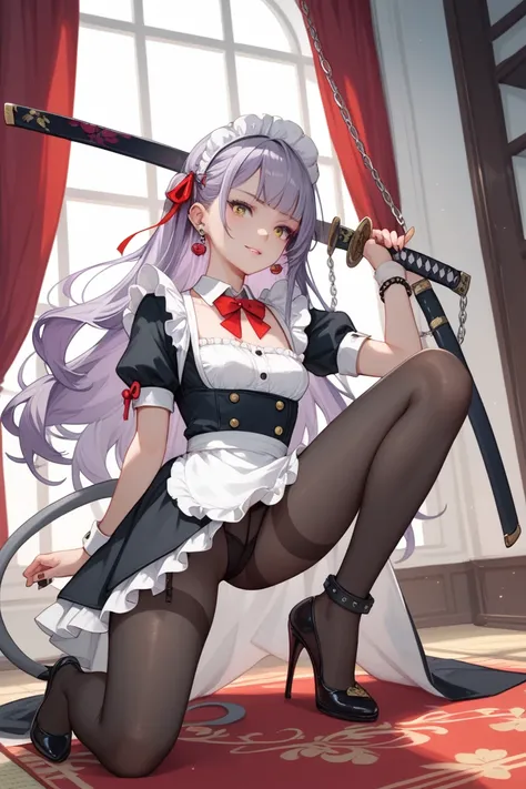 A girl with a gray sharks tail ,  purple hair at the tips and red at the root of her hair ,  with a ribbon in her gray hair ,  with small yellow touches in her hair , with pierced ears ,  with katana Black tights with maid costume and a small chain hanging...