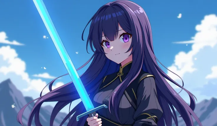 Young girl,  long black and purple hair,  hard shadows, purple eyes,  battle clothing covering the arms color black, colored anime, breasts,  Lighting, sky blue sword of rays , background of sky and mountains , 