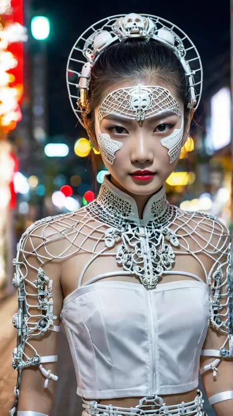 Portrait of a beautiful 23-year-old Thai-Japanese Asian female model, with shiny white porcelain skin, high-end cosmetics, thin silk armor combined with metal mesh details and skull and machine motifs. The girls hair is tied up and accessories are extremel...