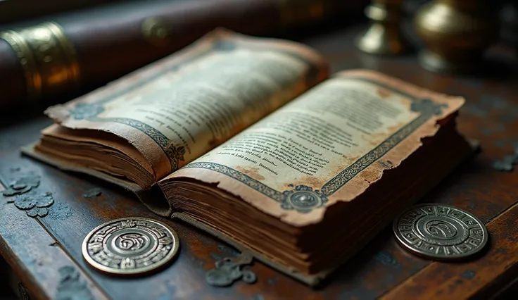 A close-up of an old, mysterious book with missing pages lying on a table. Beside it is a metallic coin engraved with strange symbols.