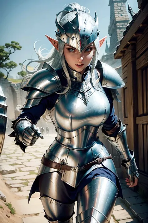 Female Elf Lancer , ( full silver armor ),  Elf Knight Helmet,  confident expression ,  slim body,  battle pose running ,  medieval elven kingdom background, medieval times,  Historical precision ,  well detailed .