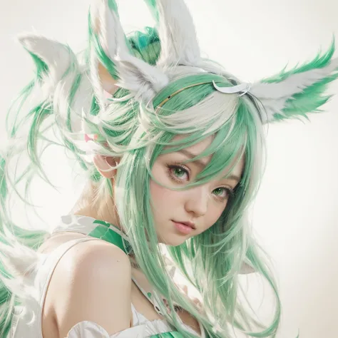 Front facing, anime - style girl with green hair and white dress with ears, portrait of ahri, extremely detailed artgerm, girl with fox ears, wlop rossdraws, artgerm on artstation pixiv, ahri, detailed digital anime art, digital anime art, anime style 4 k,...