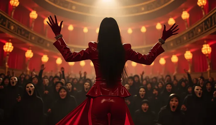 The asian villainess standing on a grand stage in an abandoned opera house, addressing a crowd of masked followers. Her red leather suit gleams under the spotlight, and her dark eyes glint with malice. The followers, clad in black, cheer as she raises her ...