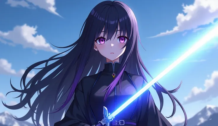 Young girl,  long black and purple hair,  hard shadows, purple eyes,  battle clothing covering the arms color black, colored anime, breasts,  Lighting, sky blue sword of rays , background of sky and mountains , 