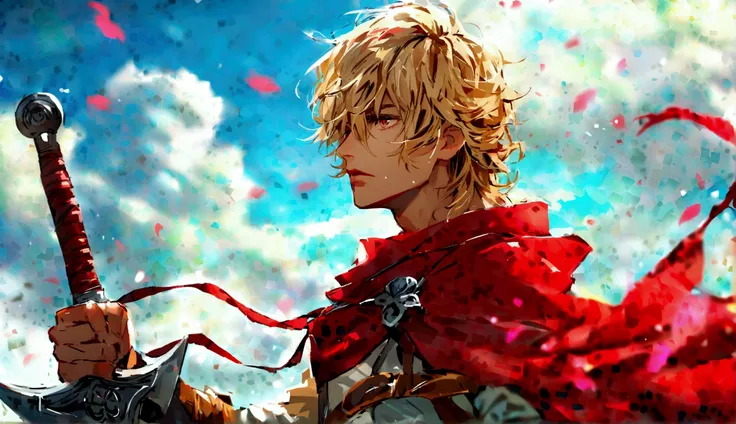 make an anime character who is a warrior, he is a man, with curly angel blonde hair, he have a sword and a shield, but he have a hobby that is write songs of your journey