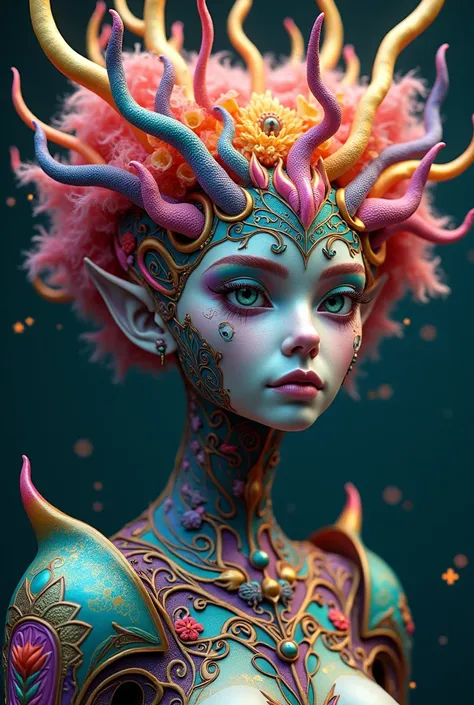 thanks to Kilometer Graphic for this "otherworldly" prompt!

"A Hyperrealistic surrealist 3d rendering effect with a long shot image featuring a full body of fantasy woman in a colorful, whimsical illustration with roots, tropical flowers and creatures.  d...