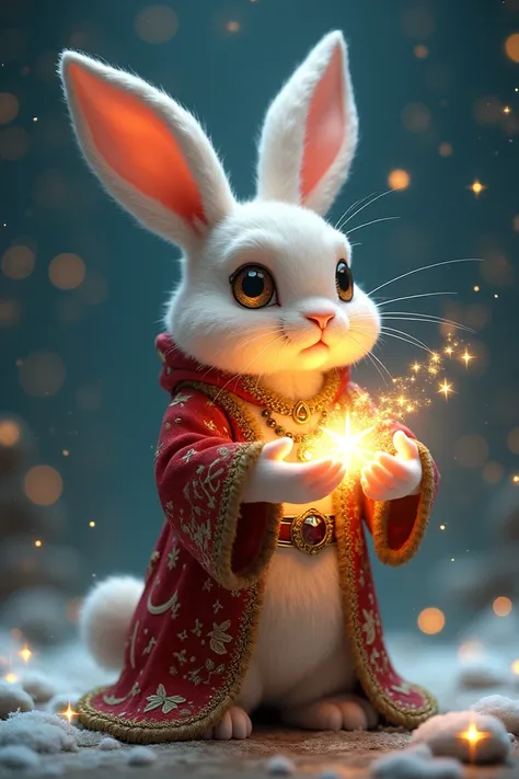 Cosmic dwarf bunny starwalker with sacred light wearing Christmas robe with magic glitter on his hands