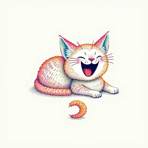 A stylized illustration of a cat, presented in a vibrant, multicolored, and detailed manner. The cat is depicted lying down with its mouth wide open in a yawn. Its fur is rendered with numerous small, closely placed, multi-colored lines creating a textured...