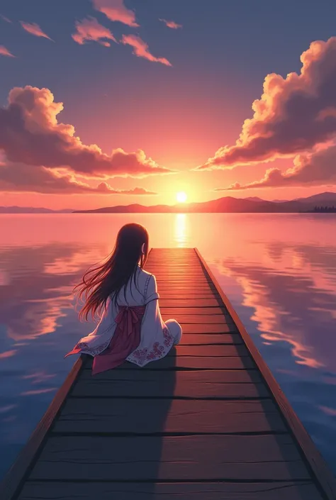 Anime image of a woman sitting at the end of a pier is staring towards the horizon at sunset