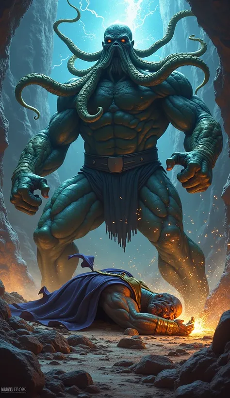 "Cthulhu’s titanic form towers over Thanos’s broken body, his Gauntlet shattered at his side. The eldritch god looms victorious, consuming what remains of the fallen Titan."