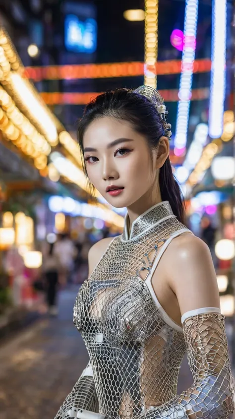 Portrait of a beautiful 20-year-old Thai-Japanese asian female model with shiny porcelain white skin, high-end cosmetics, wearing thin silk armor with metal mesh and machinery details. The girl is walking towards the lens, in the context of a modern, color...