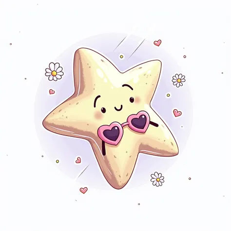 A cartoon star, positioned slightly off-center to the left of the image, is depicted against a light purple background. The star is a golden yellow color and has a textured, slightly bumpy surface, resembling a s drawing. It wears a pair of pink heart-shap...