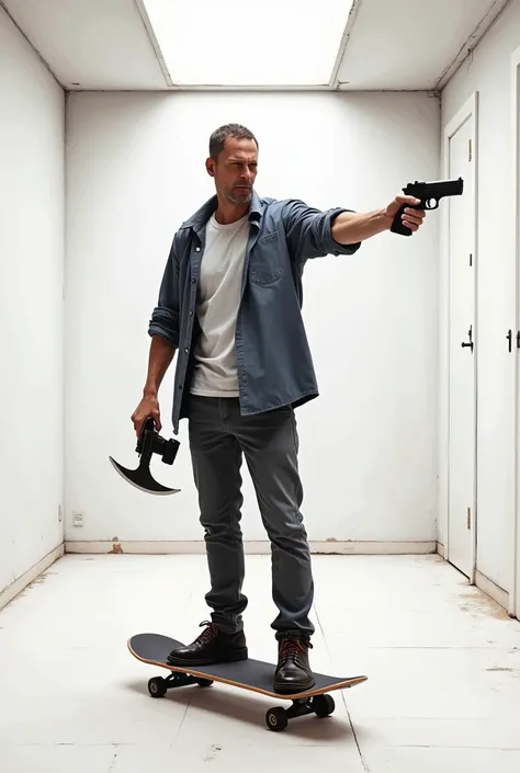 there is a man standing in a room with a skateboard, a drawing by Abidin Dino, instagram, action painting, wielding a keris sword, shooting pose, urban exploring, in an action pose, in white room, with pistol, in the middle of an empty room, action pose, w...