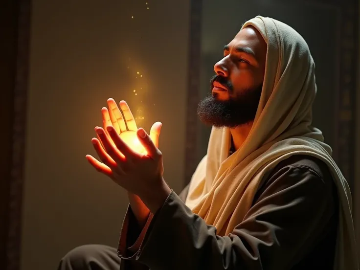 a muslim making dua light emating from dua hands