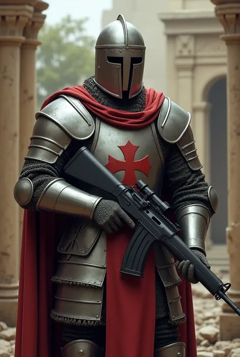 Make me the image of a mediaeval crusader knight, wearing a great helm while holding an M1 grand carbine 