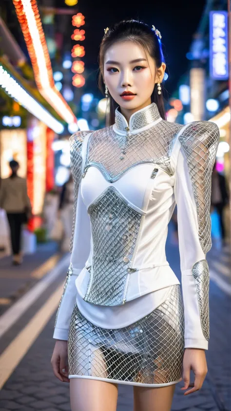 Portrait of a beautiful 20-year-old Thai-Japanese asian female model with shiny porcelain white skin, high-end cosmetics, wearing thin silk armor with metal mesh and machinery details. The girl is walking towards the lens, in the context of a modern, color...