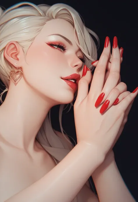 A female hand just the hand long nails red nail polish holding a human heart black background,  anime style 