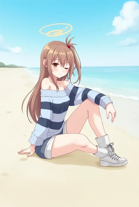 asnba, halo, small breasts, very long hair, hair over one eye, hair ribbon, [[s.old]]

Ichinose Asuna, if she was a petite woman.

((blue and what and black striped, Off shoulder sweater)) (((Dolfin shorts))) ((White converse boots)) ((White socks))) , (on...