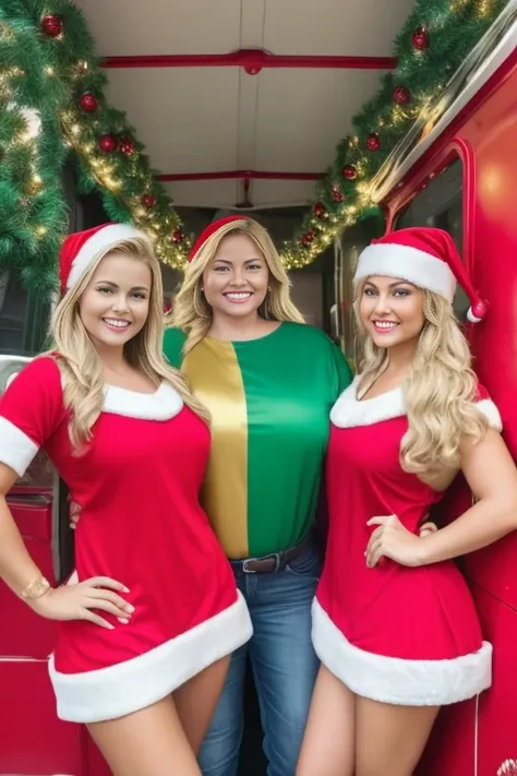 A Christmas caravan truck with Christmas colors. 3 women one blonde one blonde one blond, dressed as Santa Claus , sexy clothes , gigantomastia breasts macromastia , On Christmas Eve. They all smile, and stand infront of this truck.