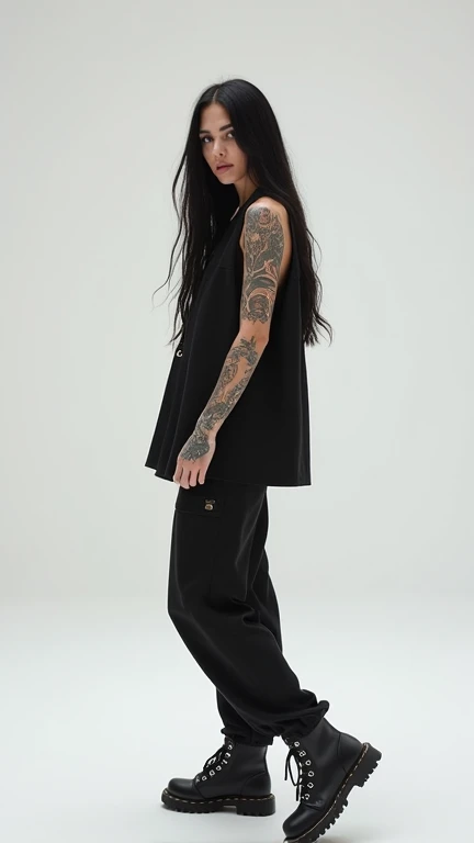 a young girl age 24 doing photoshoot in white studio limbo. her outfit is urvan street wear. long black hair. some tattoos on her arms. 